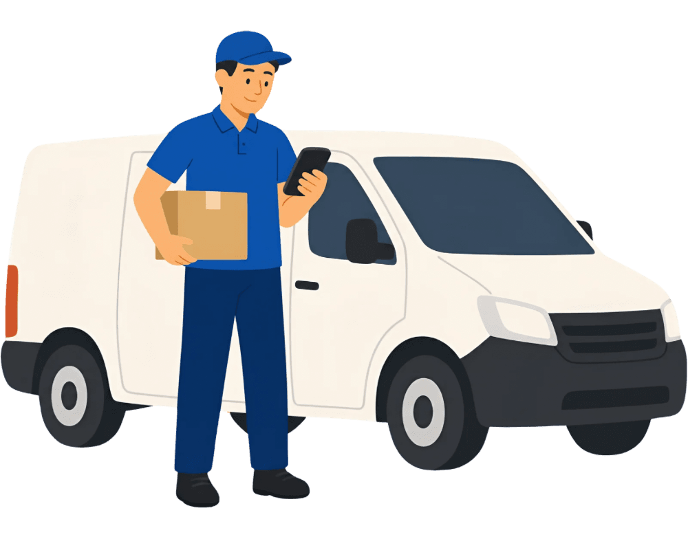 Driver joining the Iron Bridge team beside a delivery van